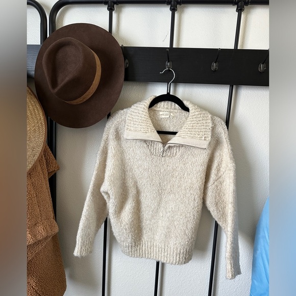 Anthropologie Sweaters - Anthropologie ivory wool blend fuzzy quarter zip pullover knit sweater cropped
